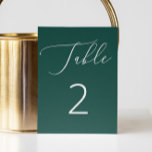 Romantic Modern Deep Emerald Grönt Bröllop Bordsnummer<br><div class="desc">Lägg till lite fet elegans till din mottagning med det här djupa grönt bröllop bordsnumret. Riken, den mättade bakgrunden paras med finkänsligt vitt skript och ren typografi för ett modernt, förfinat utseende. Den här slående utformningen är perfekt för bröllop på kvällen, firande på vintern eller formella evenemang där sofistikerade paletter...</div>