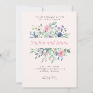 Romantic Modern Wildblommor Blek Rosa Bröllop Inbjudningar