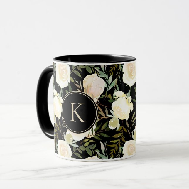 Romantic Monogram Blommigt Vanilla Grönt Vattenfär Mugg (Framsida vänster)