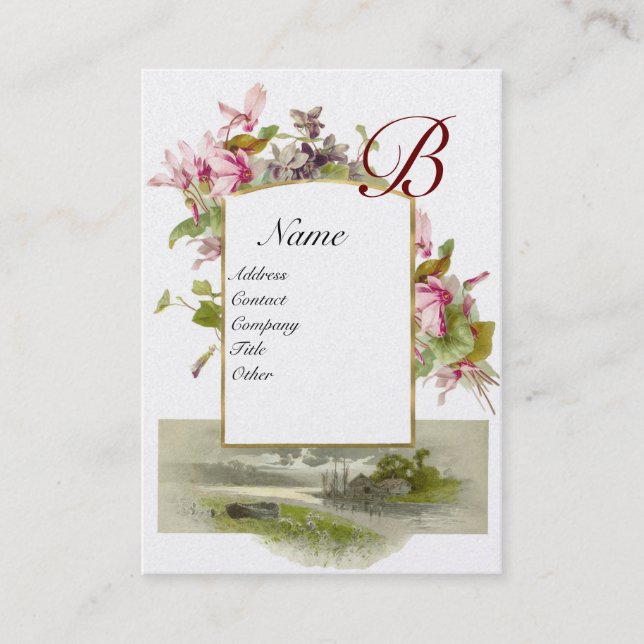 ROMANTIC MONOGRAM,Cyklamens rosa grönt vit pärl Visitkort (Framsida)