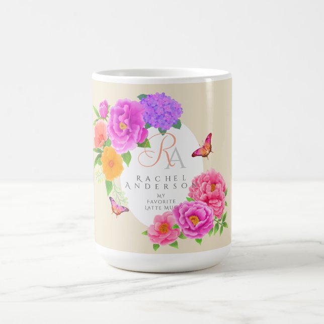 Romantic Monogram Peonies Garden Beige Kaffemugg (Center)