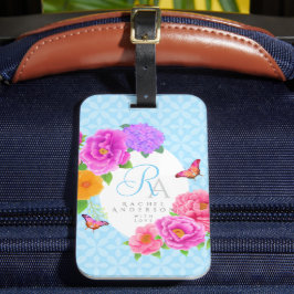 Romantic Monogram Peonies Garden Blue Bagagebricka