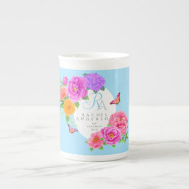 Romantic Monogram Peonies Garden Blue Benporslin Mugg