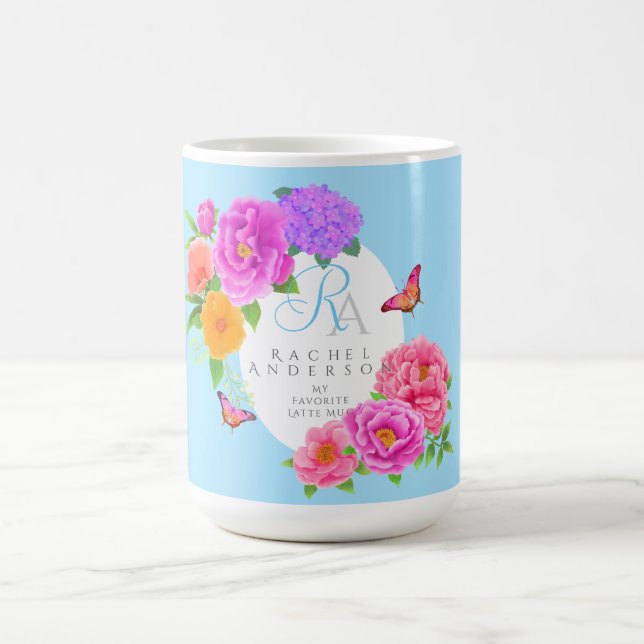 Romantic Monogram Peonies Garden Blue Kaffemugg (Center)