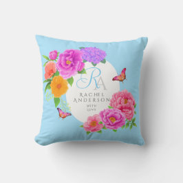 Romantic Monogram Peonies Garden Blue Kudde