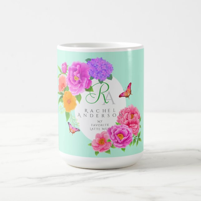 Romantic Monogram Peonies Garden Grönt Kaffemugg (Center)