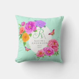 Romantic Monogram Peonies Garden Grönt Kudde