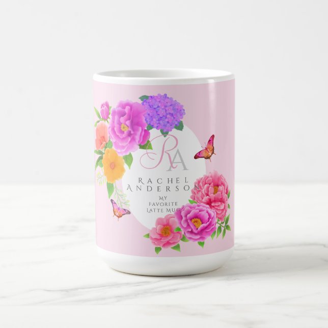 Romantic Monogram Peonies Garden Rosa Kaffemugg (Center)