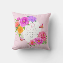 Romantic Monogram Peonies Garden Rosa Kudde