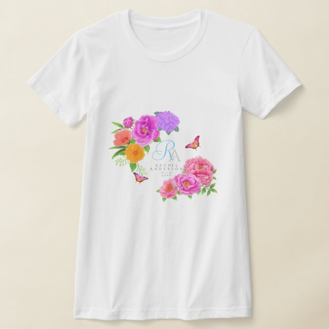 Romantic Monogram Peonies Garden T Shirt (Laydown)