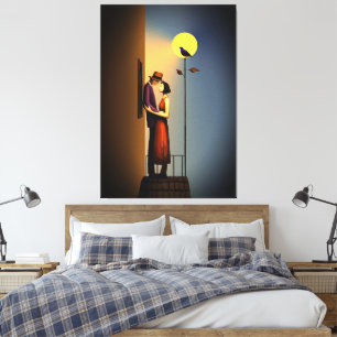 Romantic Moonlight Balcony - Vintage Noir Kärlek Canvastryck