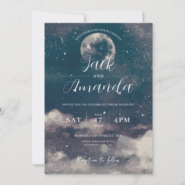 Romantic moonlight Watercolor wedding invitations Inbjudningar (Framsida)