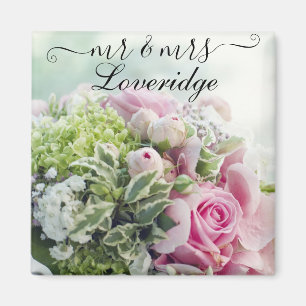 Romantic Mr. & Fru Rosa ros Blommigt Bröllop Magnet