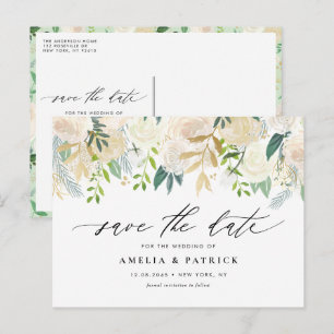 Romantic Muted Ivory Flowers Bröllop spara datum Meddelande Vykort
