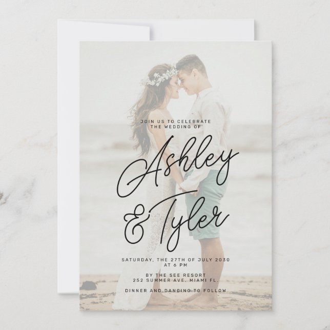 Romantic names script overlay photo wedding inbjudningar (Framsida)