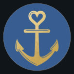 Romantic Nautical Heart Anchor Runt Klistermärke<br><div class="desc">Frälsankare i guld med ett hjärta överst på en enkel dekal perfekt för nautisk eller kryssningsbröllop sälar eller favorisera etiketter. Klicka på ANPASSA YTTERLIGARE om du vill ändra bakgrunden färg om du vill koordinera med firande eller lägga till text.</div>