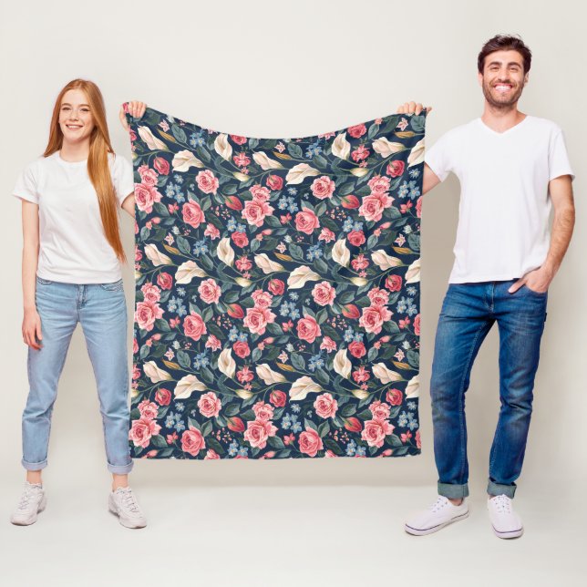 Romantic Navy Blue Floral Garden Pattern Fleecefilt (På plats)