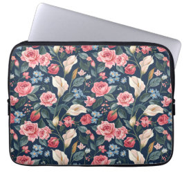 Romantic Navy Blue Floral Garden Pattern Laptop Fodral