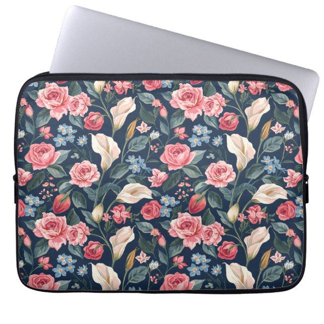 Romantic Navy Blue Floral Garden Pattern Laptop Fodral (Framsidan)