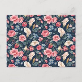 Romantic Navy Blue Floral Garden Pattern Vykort