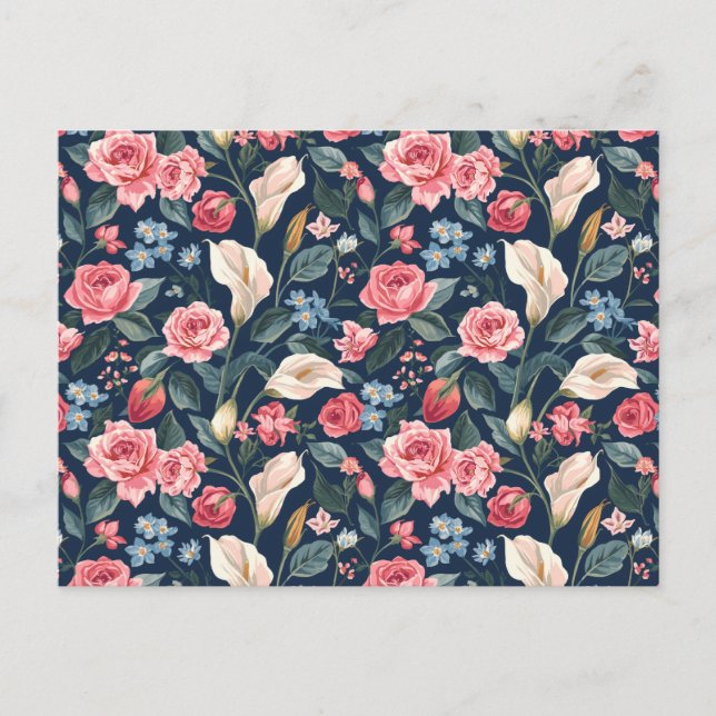 Romantic Navy Blue Floral Garden Pattern Vykort (Framsida)