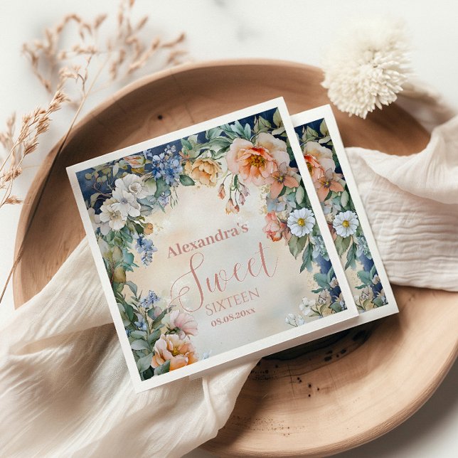 Romantic Navy Pastel Wildblommor Sweet 16 Pappersservett (Skapare uppladdad)