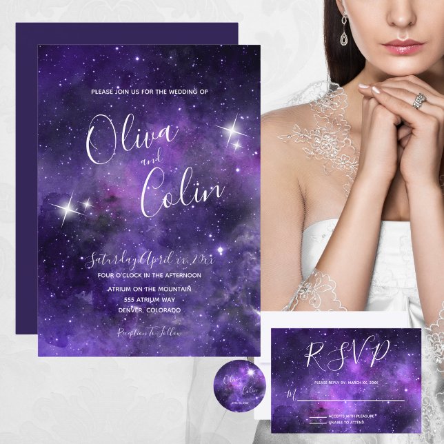 Romantic Night Himmel Starlight Lila Bröllop Inbjudningar (Romantic Night Sky Starlight Purple Wedding Invitation)