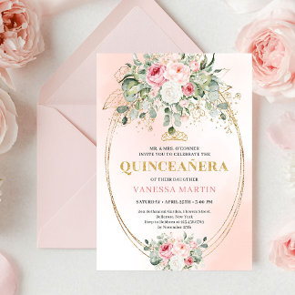 Romantic Pale Pink Eucalyptus Quinceañera Invite Inbjudningar