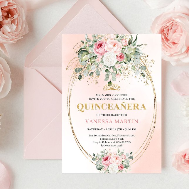 Romantic Pale Pink Eucalyptus Quinceañera Invite Inbjudningar (Romantic Pale Pink Eucalyptus Quinceañera Invite

)
