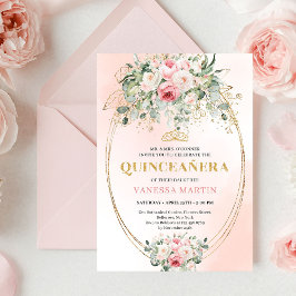 Romantic Pale Pink Rose Gold Quinceañera Card Inbjudningar
