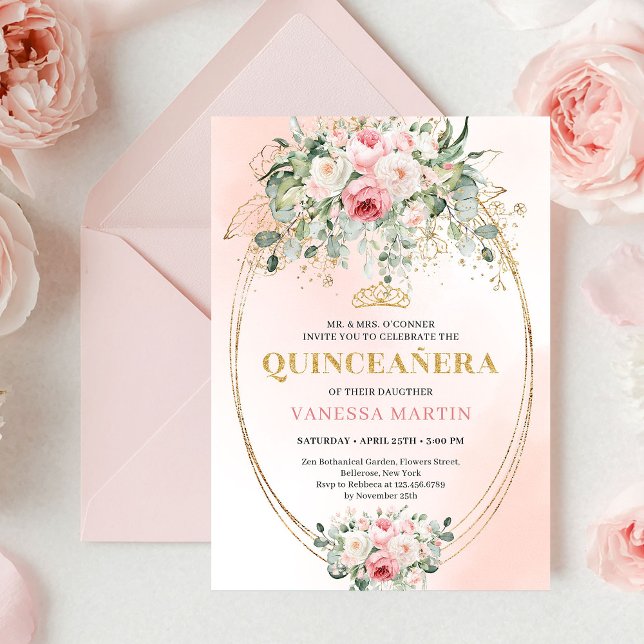 Romantic Pale Pink Rose Gold Quinceañera Card Inbjudningar (Romantic Pale Pink Rose Gold Quinceañera Card

)