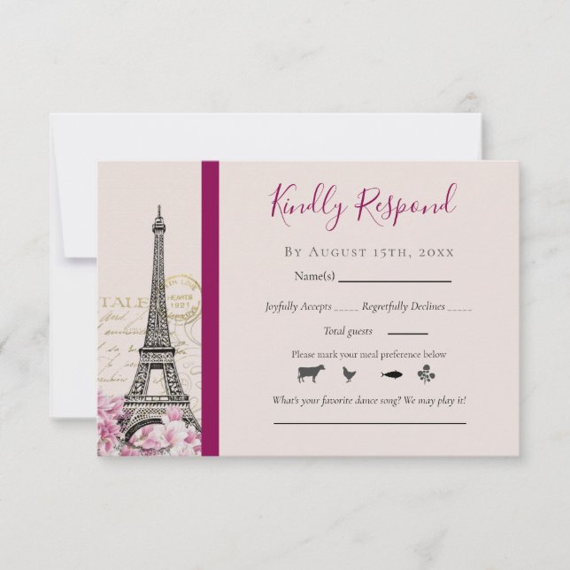 Romantic Paris Eiffel Torn Rosa Blommar Burgundy OSA Kort (Framsida)