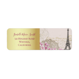 Romantic Paris Eiffel Torn Rosa Blommar Guld Returadress Etikett