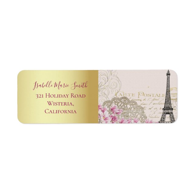Romantic Paris Eiffel Torn Rosa Blommar Guld Returadress Etikett (Framsidan)