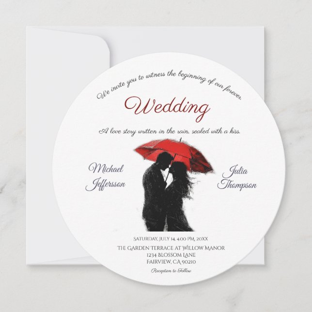 Romantic Parisian Red Umbrella Kärlek Silhouette Inbjudningar (Framsida)