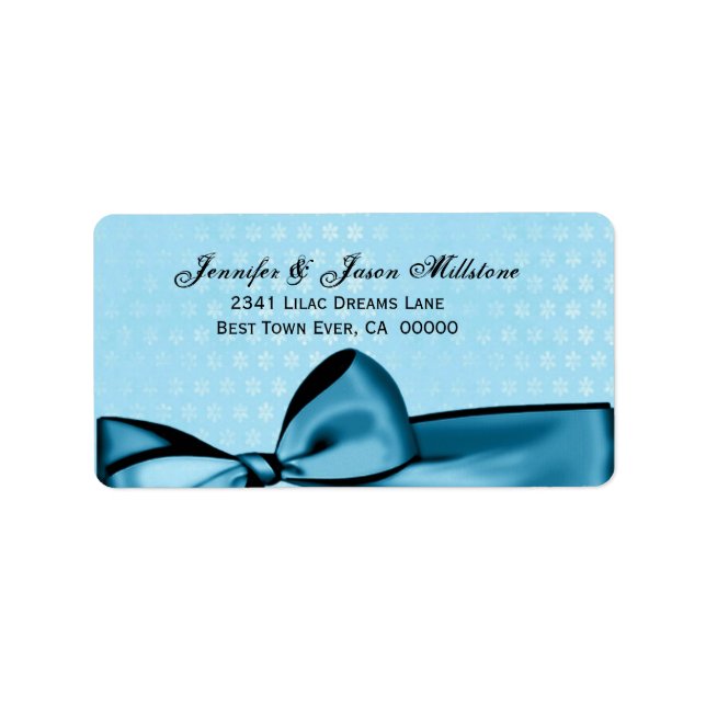 Romantic Pastel Blue Bow & Damask Wedding Label Adressetikett (Framsidan)