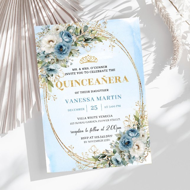 Romantic Pastel Blue Gold Eucalyptus Quinceañera   Inbjudningar (Romantic Pastel Blue Gold Eucalyptus Quinceañera Invite

)