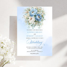 Romantic Pastel Blue Peony Eucalyptus Gold Wedding Inbjudningar