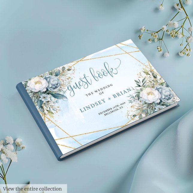 Romantic Pastel Blue White Peonies Guld Guest Bok (Romantic Pastel Blue White Gold Peonies Guest Book)