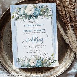 Romantic Pastel Blue White Silver Flowers Bröllop Inbjudningar