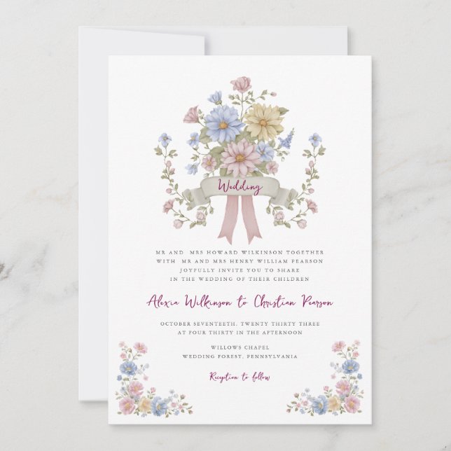 Romantic Pastel Floral all in one wedding qr code  Inbjudningar (Framsida)