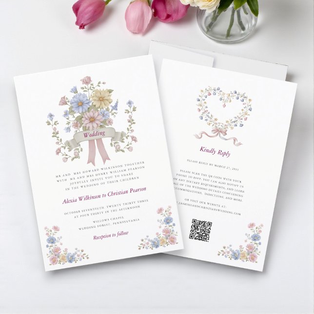Romantic Pastel Floral all in one wedding qr code  Inbjudningar (Skapare uppladdad)