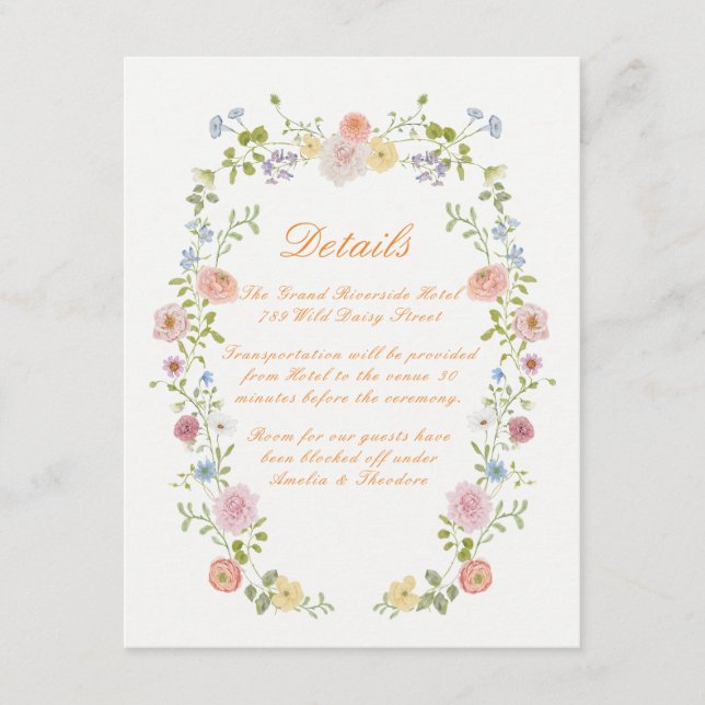 Romantic Pastel Floral Wedding Details Card Tilläggskort (Framsida)