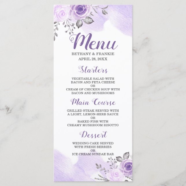 Romantic Pastel Lila Blommigt Chic Bröllop Menu Meny (Framsida)