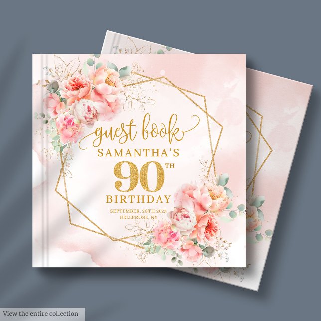 Romantic Pastel Rosa Guld Peonies 90:e födelsedag Gästböcker (Romantic Pastel Pink Gold Peonies 90th Birthday Guest Book)