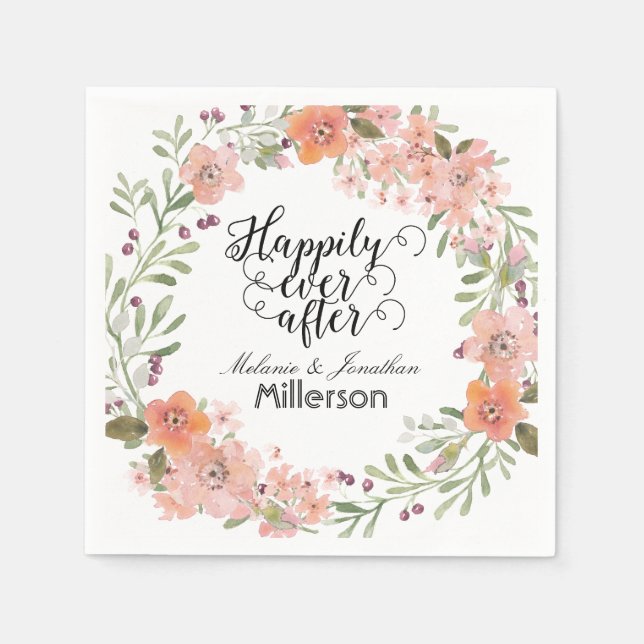 Romantic Peach Blommigt Bröllop Pappersservett (Framsidan)