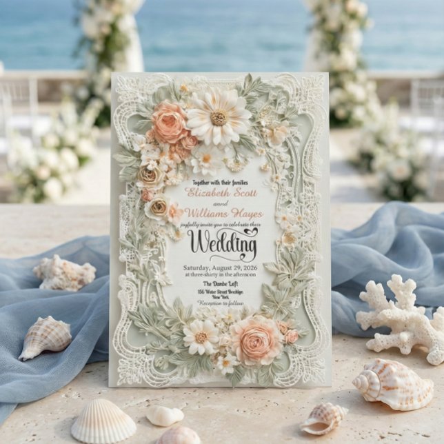 Romantic Peach Floral Faux Embossed Wreath Wedding Inbjudningar (Skapare uppladdad)
