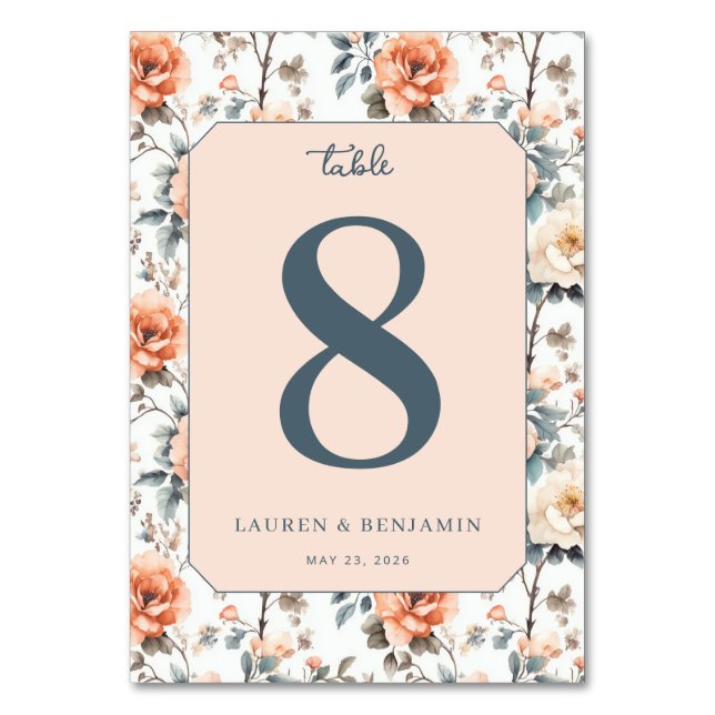 Romantic Peach Floral Table Number Bordsnummer (Framsidan)