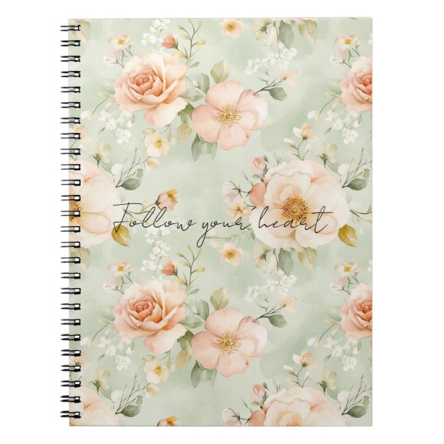 Romantic Peach Mint Pretty Roses Floral Anteckningsbok (Framsidan)