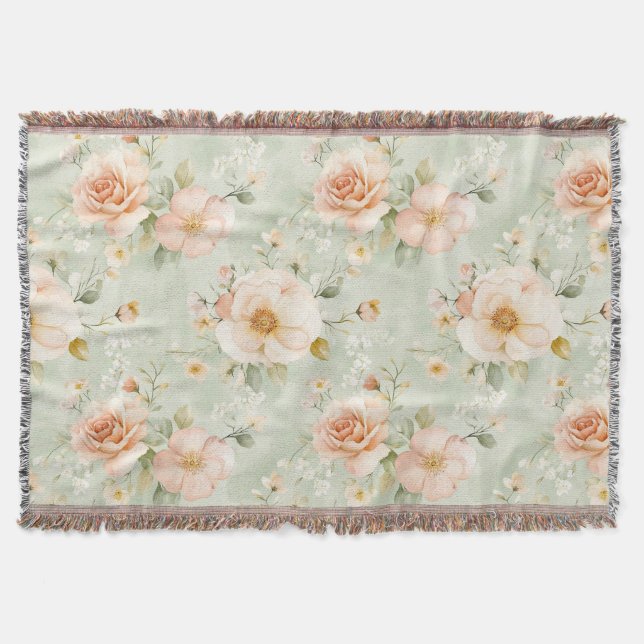 Romantic Peach Mint Pretty Roses Floral Filt (Framsidan)